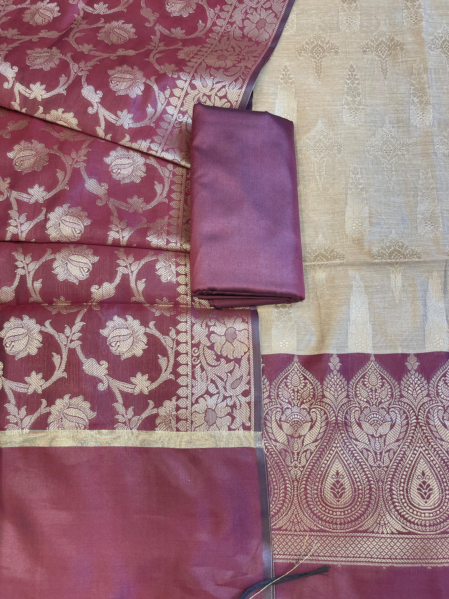 Beige Art Silk Floral Zari Booti Contrast Banarasi Suit with Maroon Dupatta 625AJ_TPT47