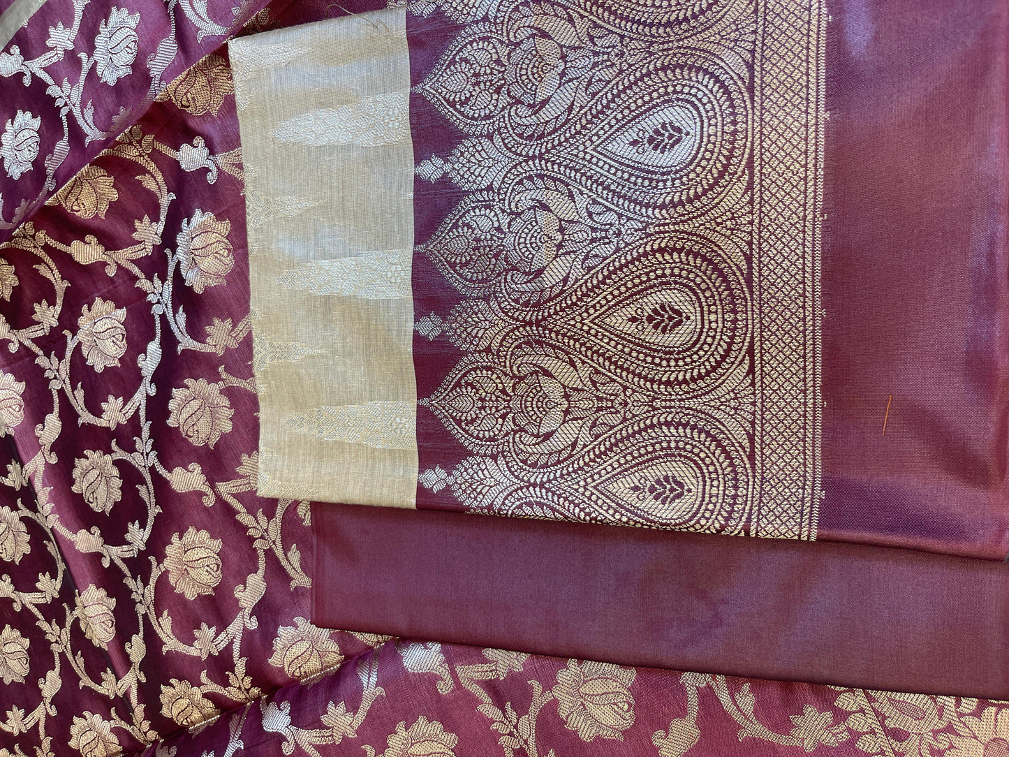 Beige Art Silk Floral Zari Booti Contrast Banarasi Suit with Maroon Dupatta 625AJ_TPT47