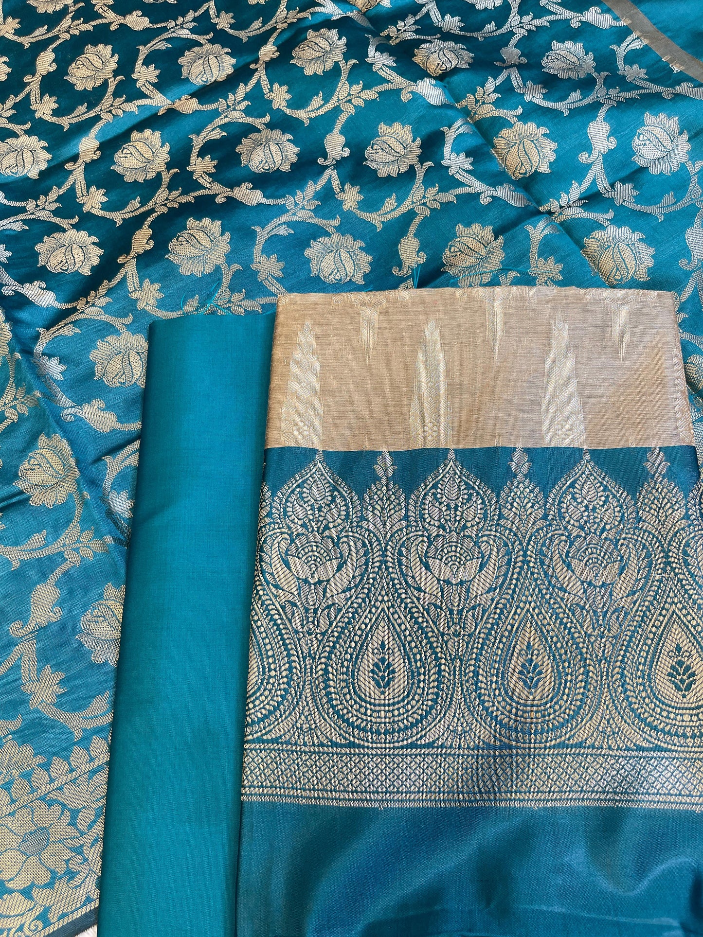 Beige Art Silk Floral Zari Booti Contrast Banarasi Suit with Seagreen Dupatta 625AJ_TPT48