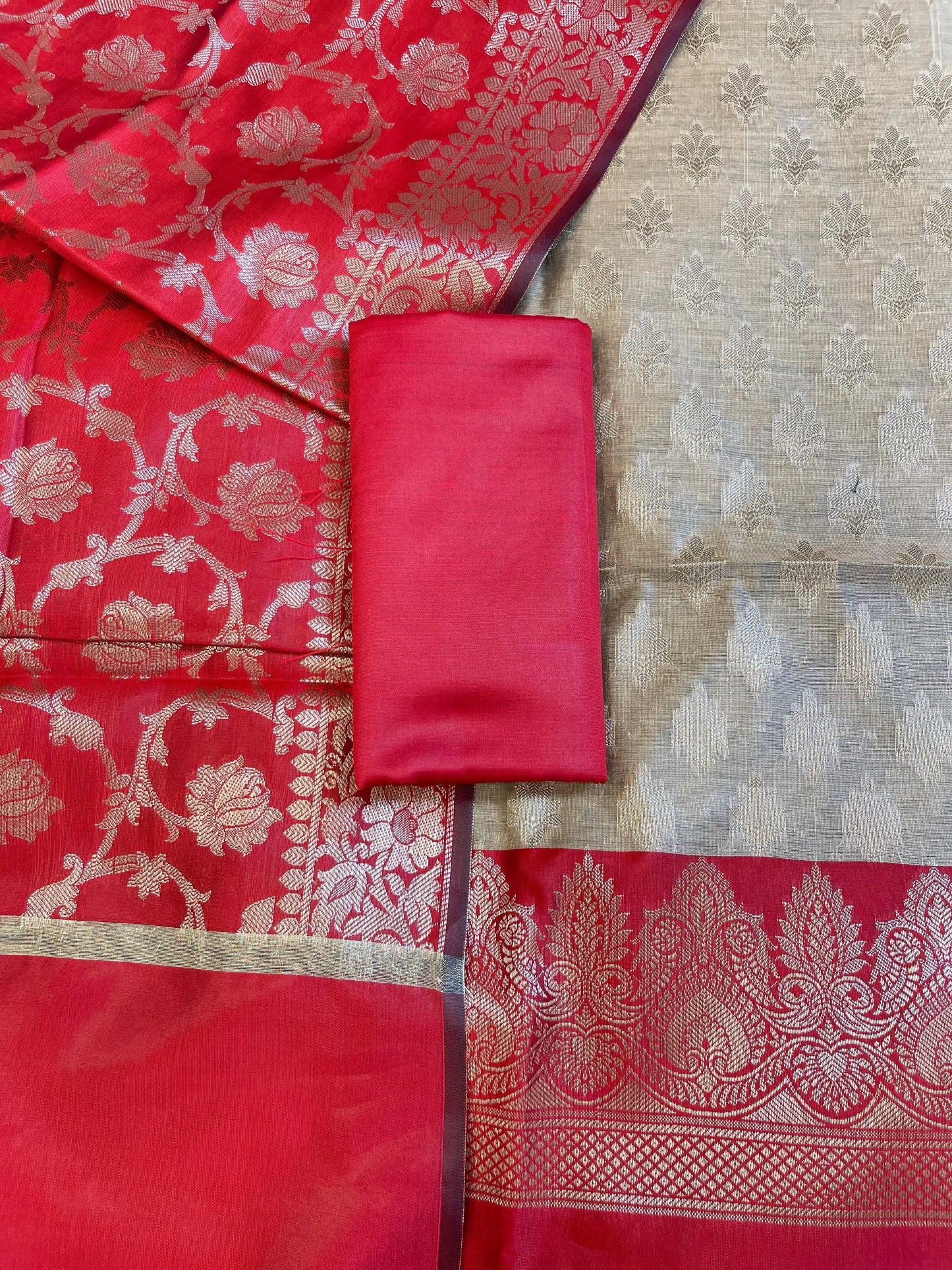 Beige Art Silk Floral Zari Booti Contrast Banarasi Suit with Red Dupatta 625AJ_TPT49