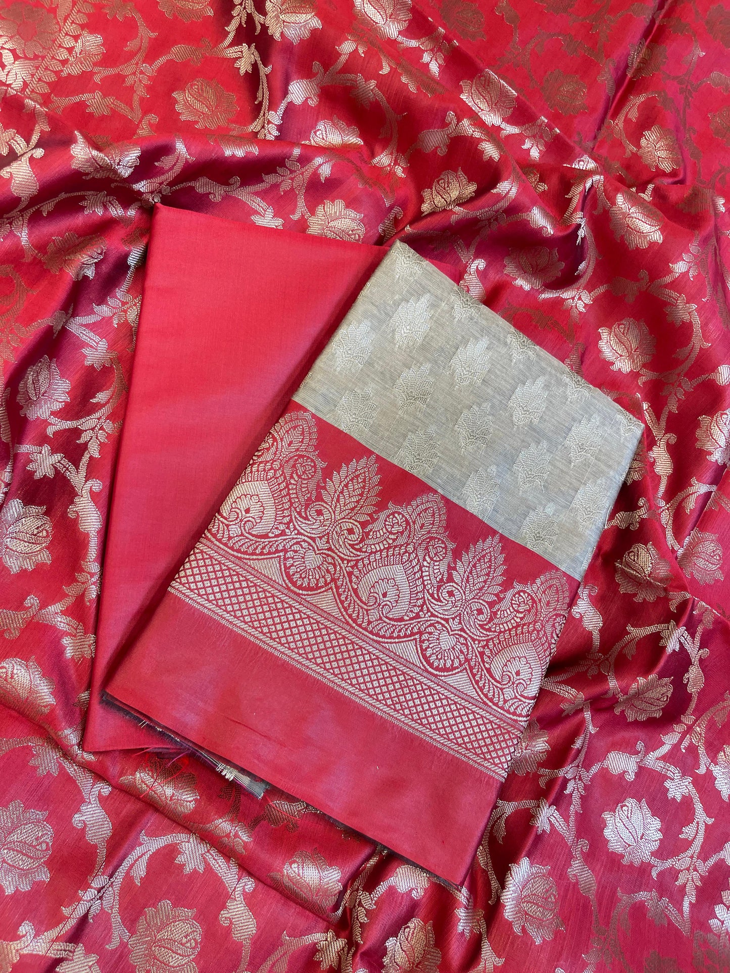 Beige Art Silk Floral Zari Booti Contrast Banarasi Suit with Red Dupatta 625AJ_TPT49