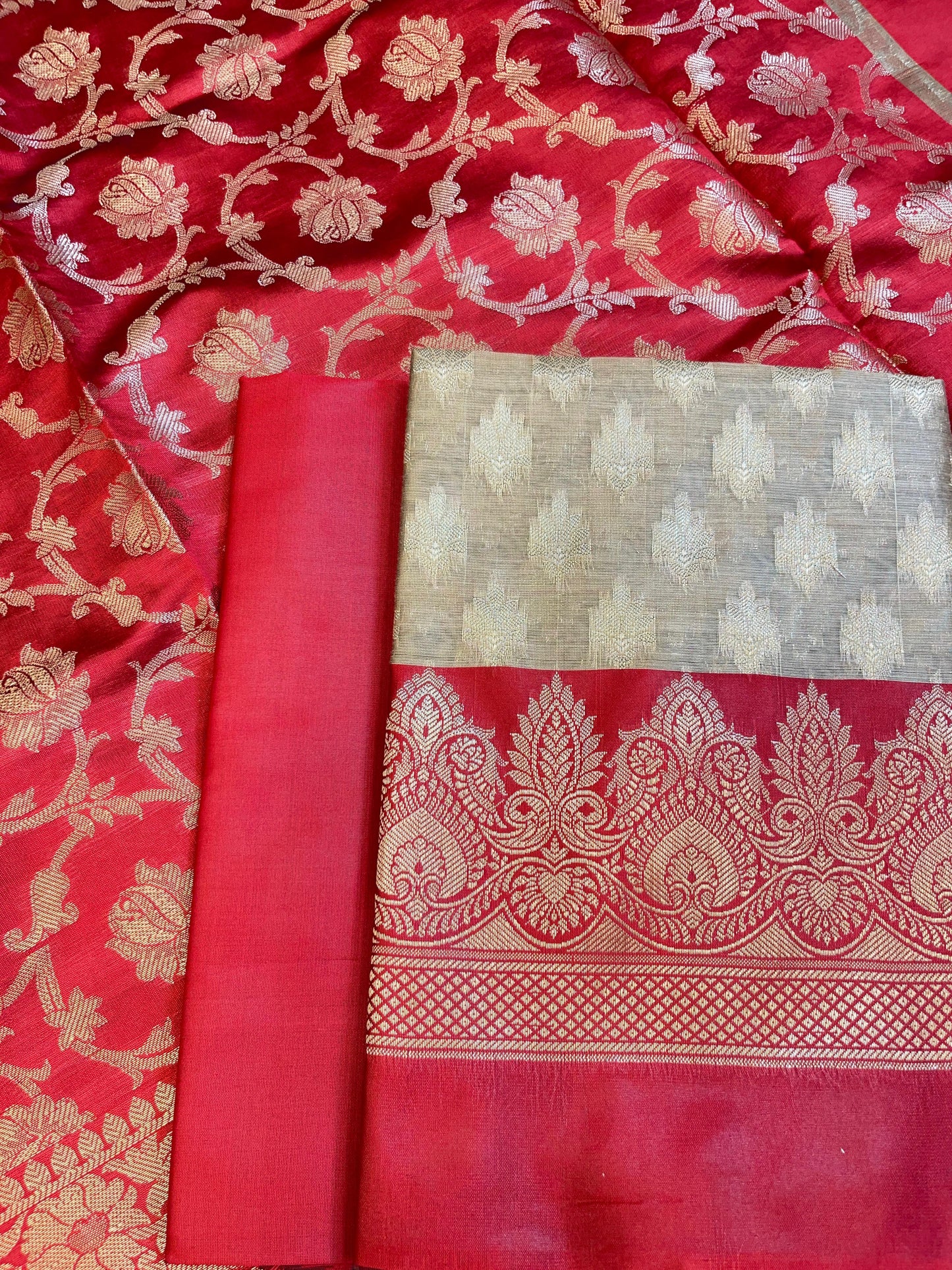 Beige Art Silk Floral Zari Booti Contrast Banarasi Suit with Red Dupatta 625AJ_TPT49