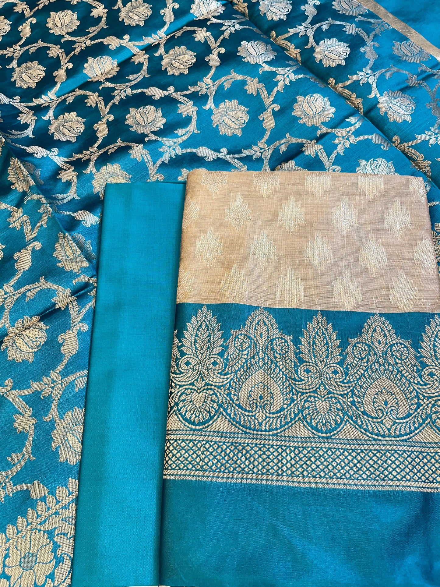 Beige Art Silk Floral Zari Booti Contrast Banarasi Suit with Seagreen Dupatta 625AJ_TPT50