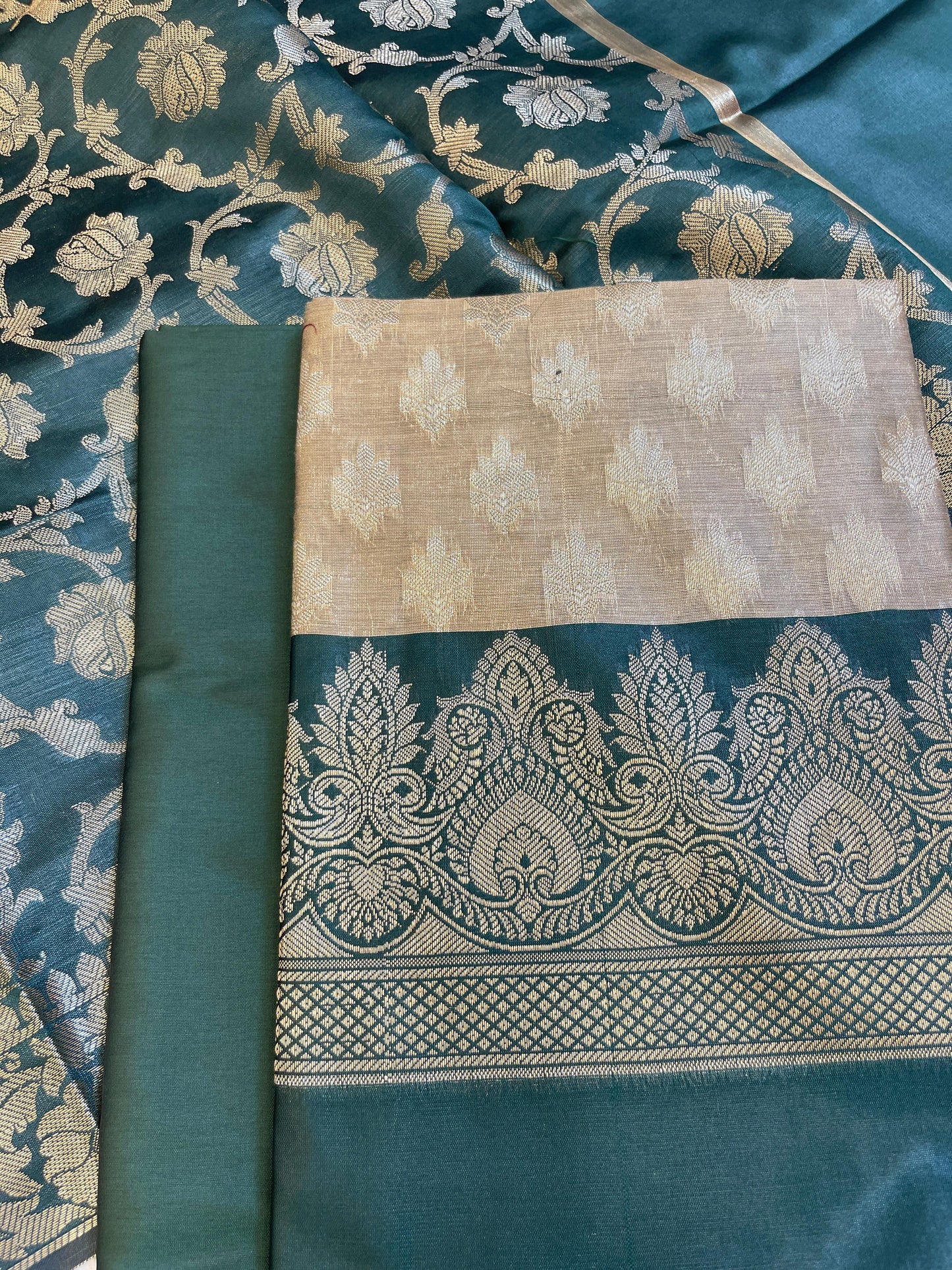 Beige Art Silk Floral Zari Booti Contrast Banarasi Suit with Darkgreen Dupatta 625AJ_TPT51