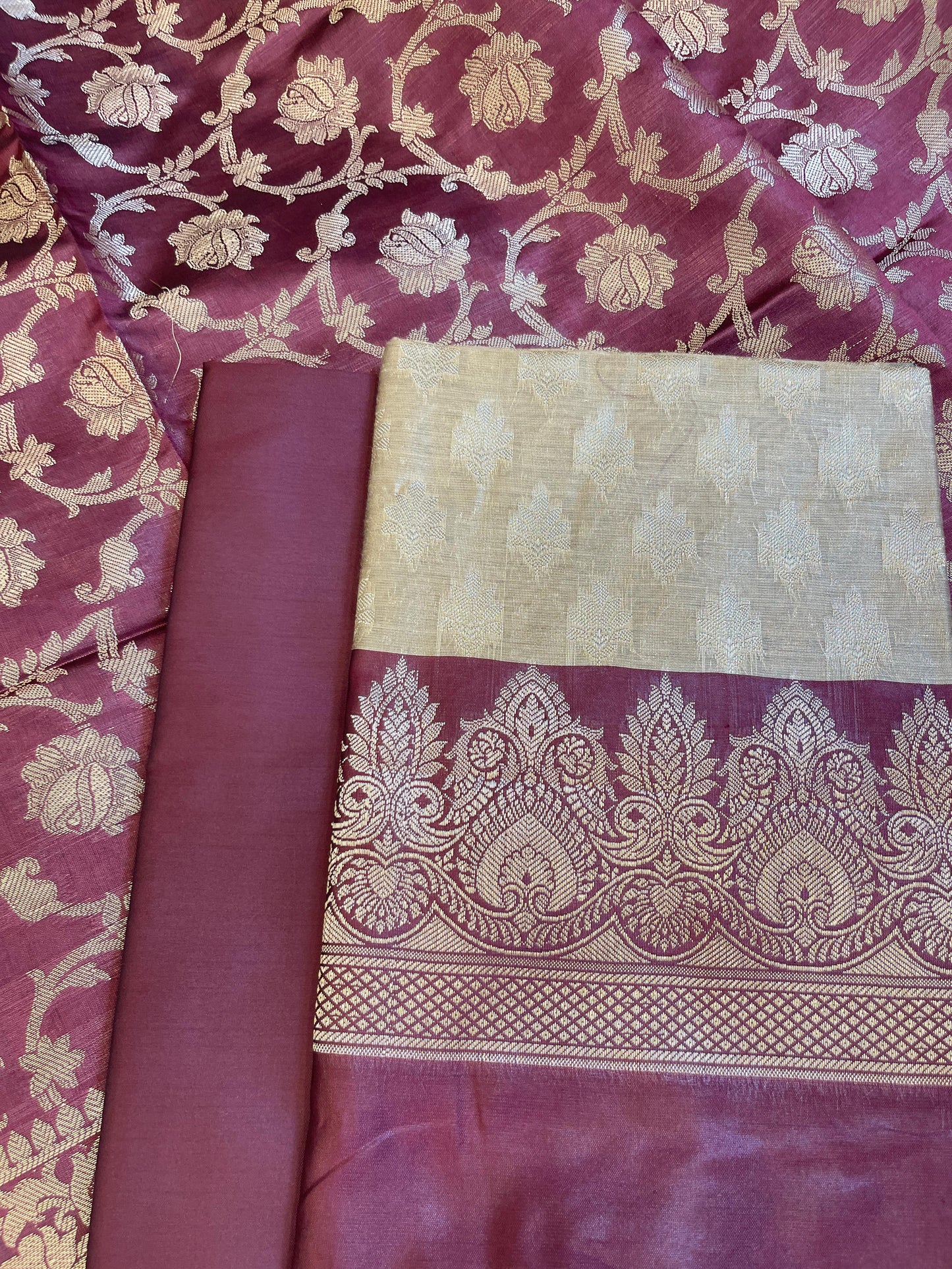 Beige Art Silk Floral Zari Booti Contrast Banarasi Suit with Maroon Dupatta 625AJ_TPT54