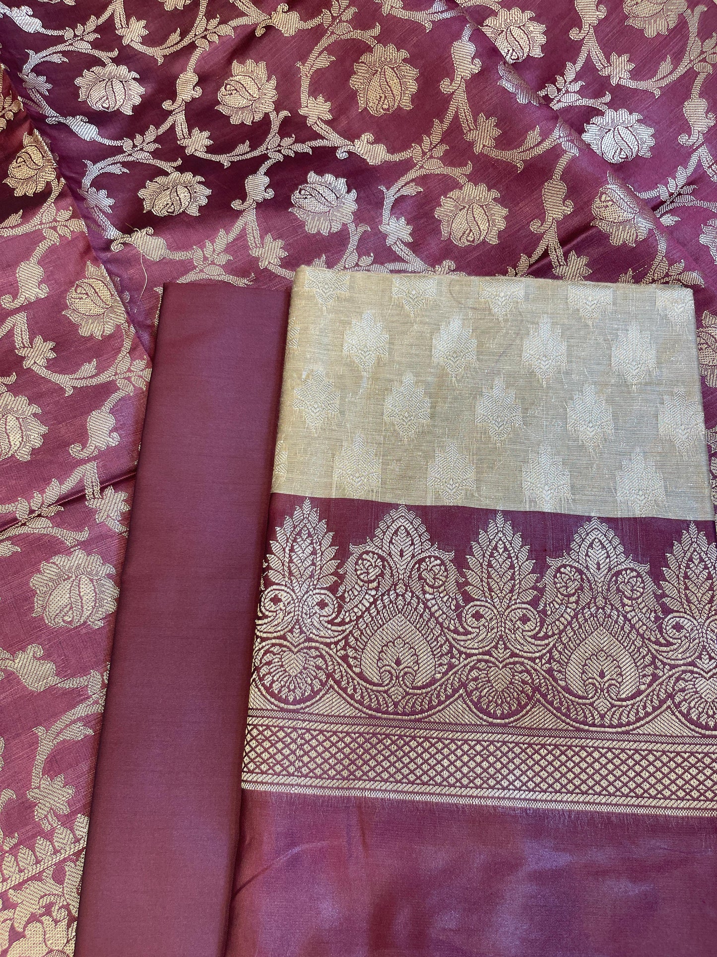 Beige Art Silk Floral Zari Booti Contrast Banarasi Suit with Maroon Dupatta 625AJ_TPT54