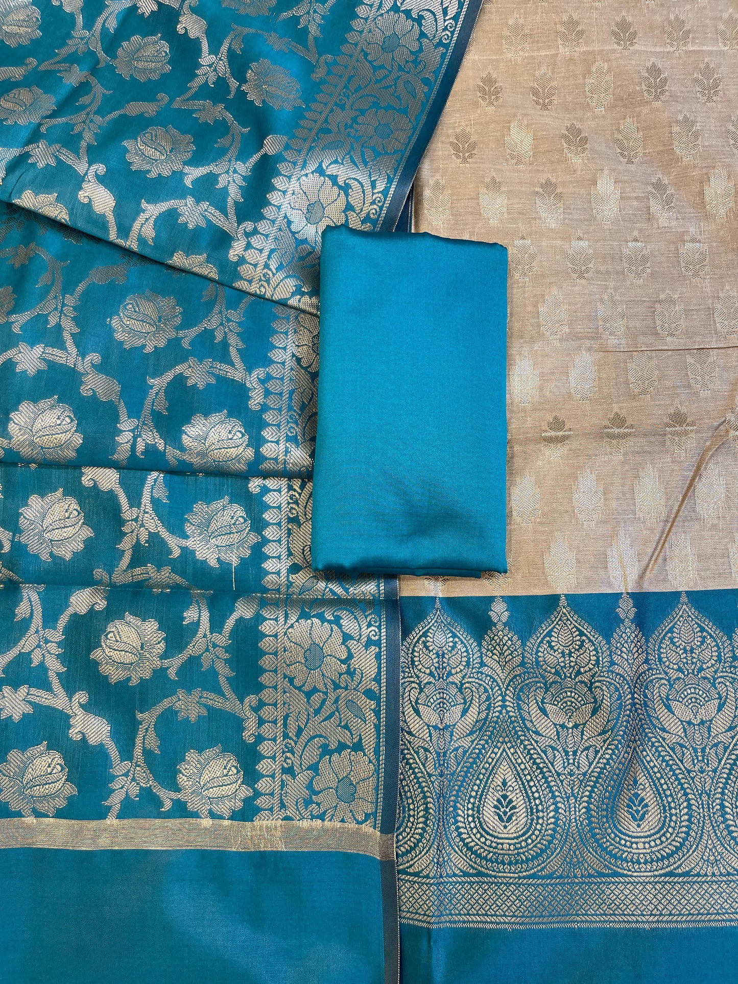 Beige Art Silk Floral Zari Booti Contrast Banarasi Suit with Seagreen Dupatta 625AJ_TPT55