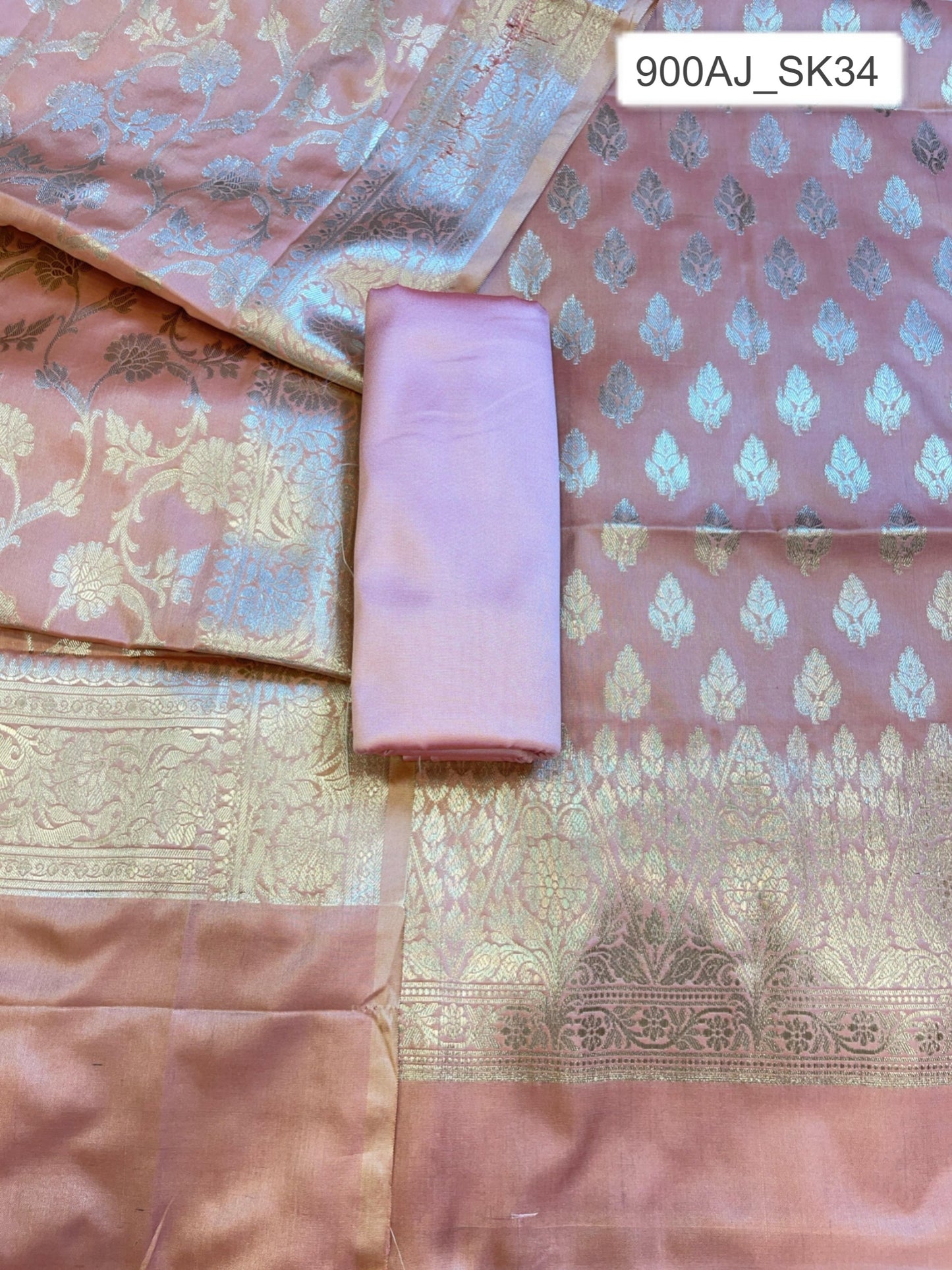 Peach Semi Silk Floral Zari Booti Banarasi 3 pcs Suit Set 900AJ_SK34