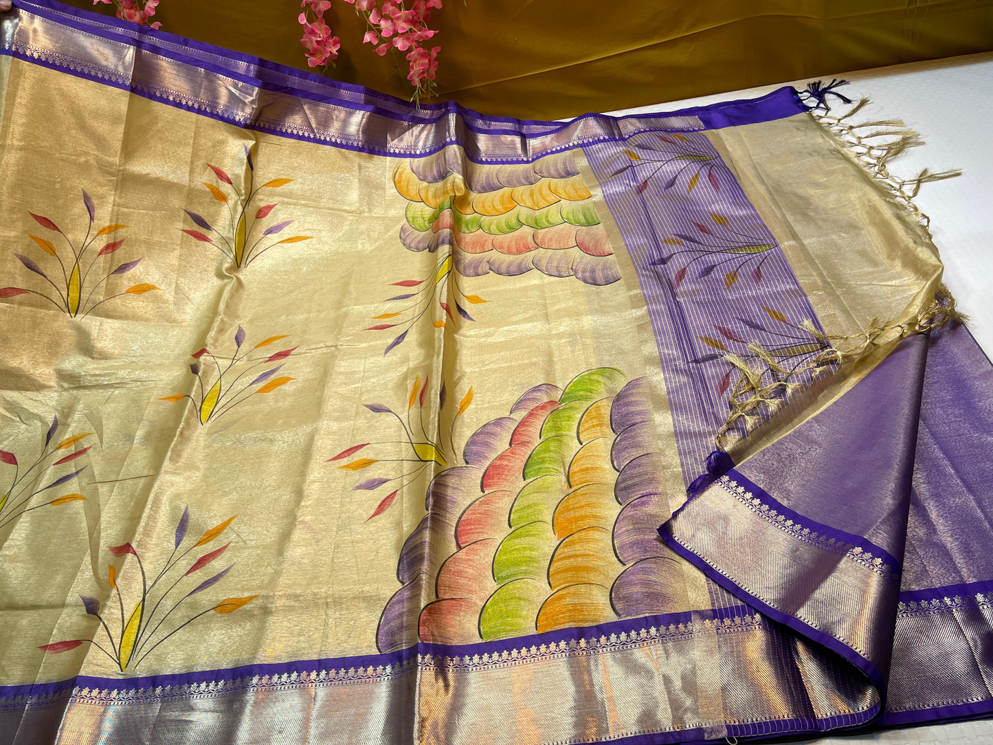 Gold Tissue Silk Handbrush Painted Floral Boota with Contrast Blue Border MS_TS1