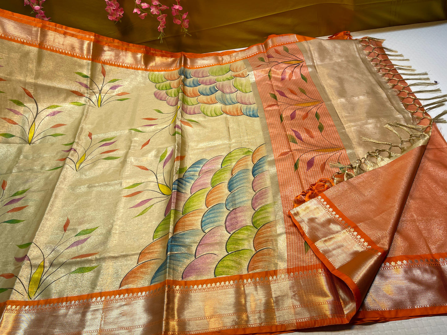 Gold Tissue Silk Handbrush Painted Floral Boota with Contrast Orange Border MS_TS3