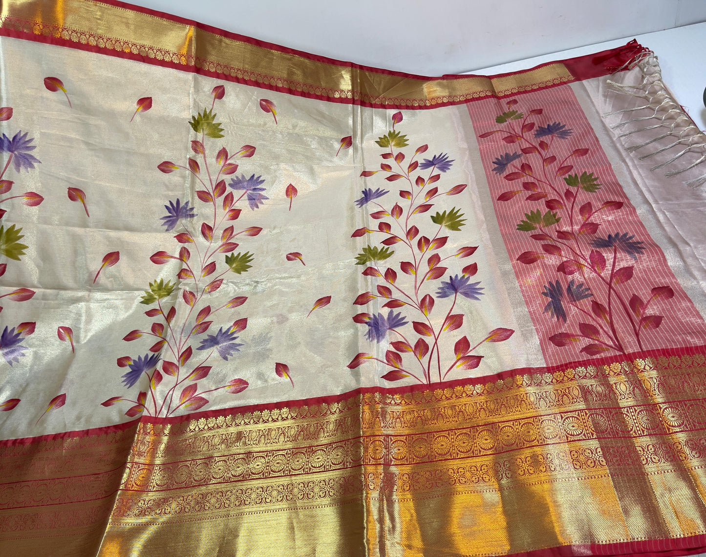 Beige Moose Tissue Silk Handpainted Floral Jaal Contrast Red Border Banarasi Saree MS_MTS1