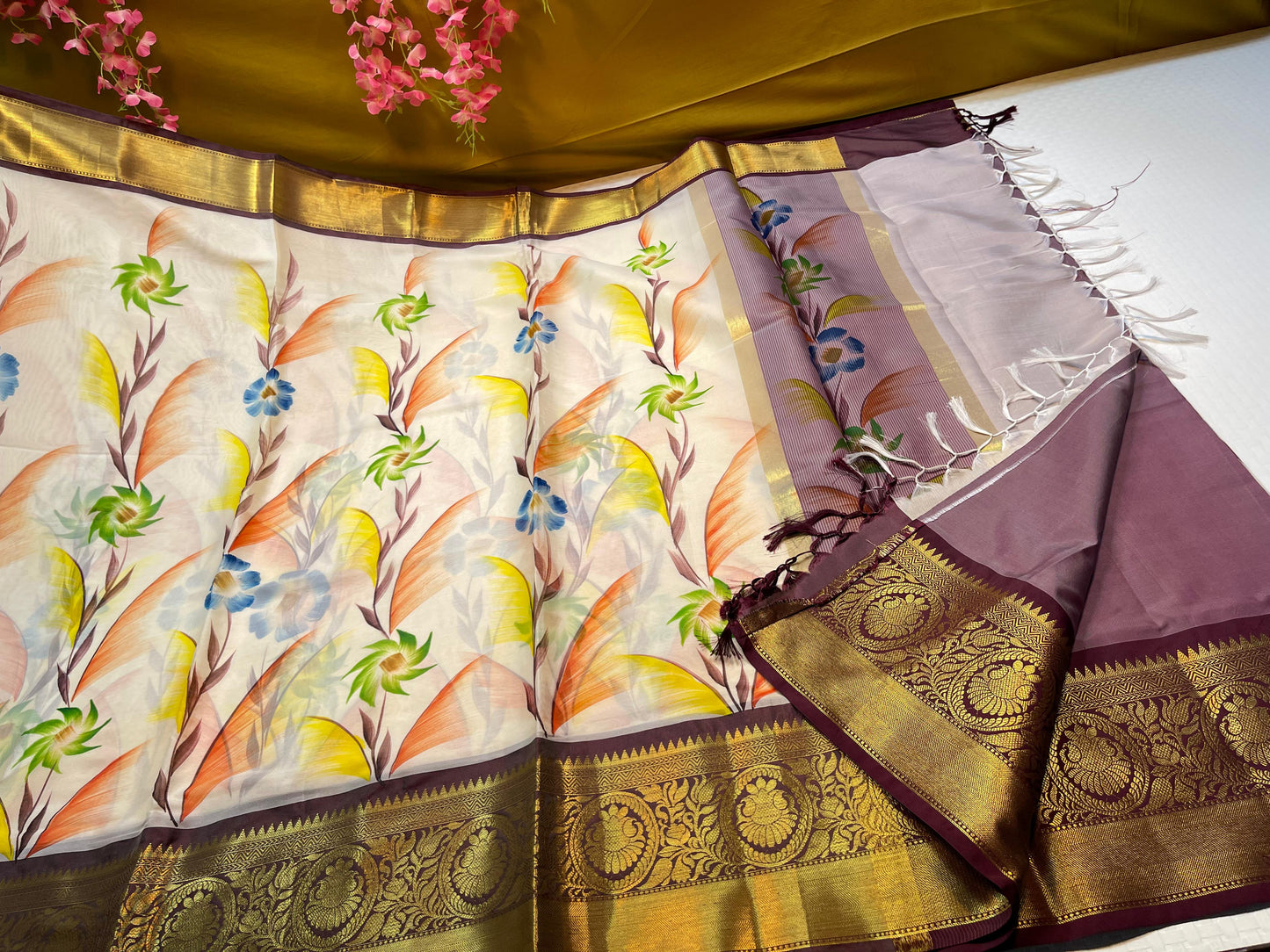 Beige Mulberry Silk Handpainted Floral Boota Jaal Contrast Wine Border MS_ML4