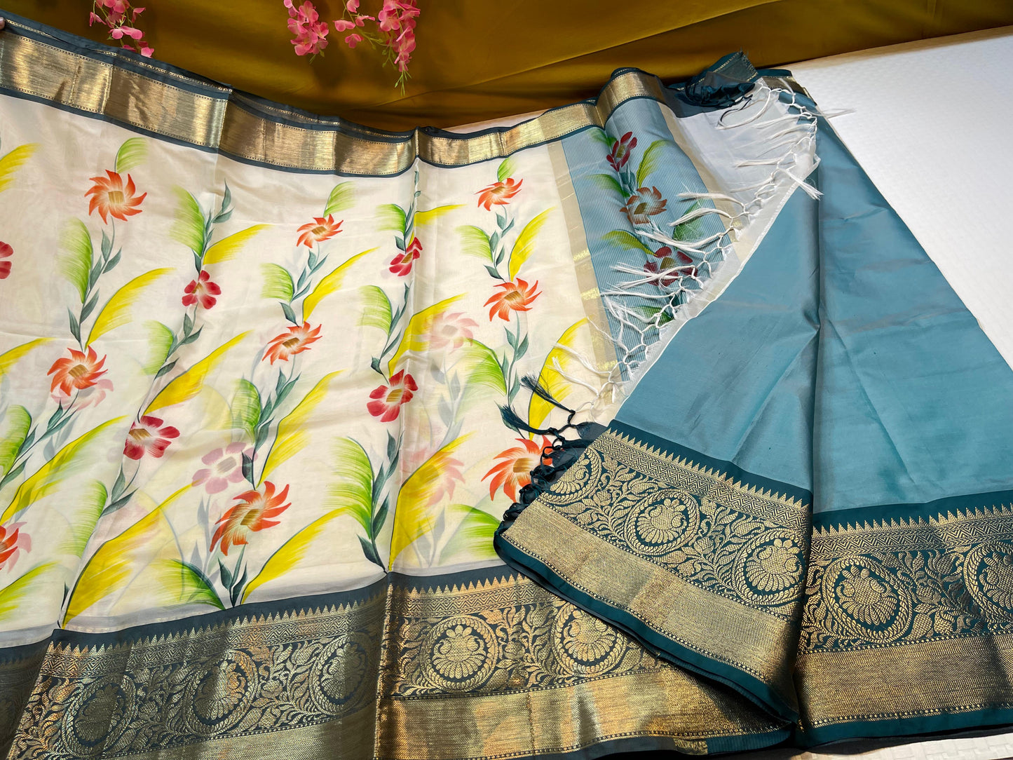 Beige Mulberry Silk Handpainted Floral Boota Jaal Contrast Violet Blue Border MS_ML2