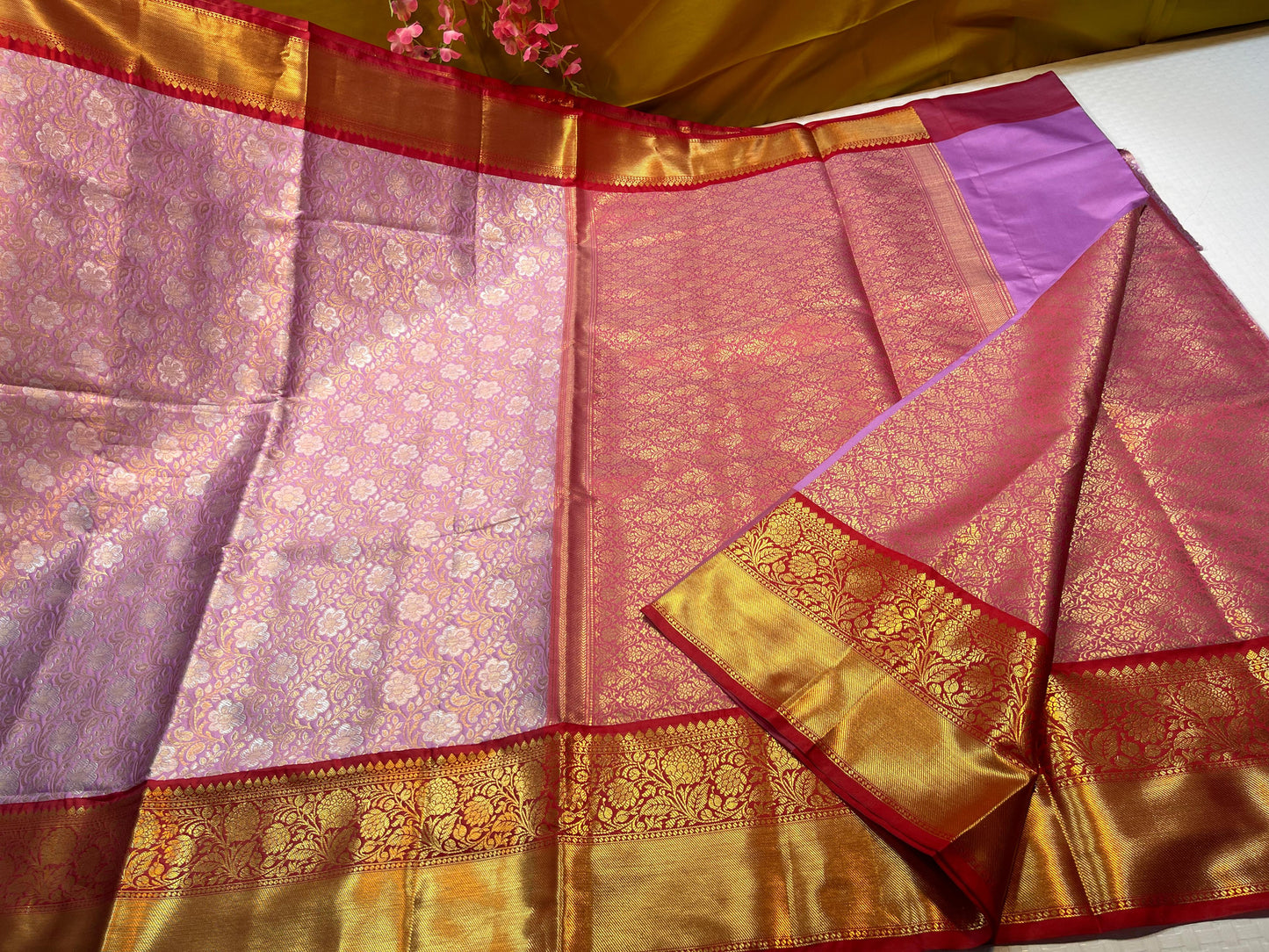 Lavender Semi Pure Kanjeevaram Silk Contrast Red Border Banarasi Saree MS_KS6