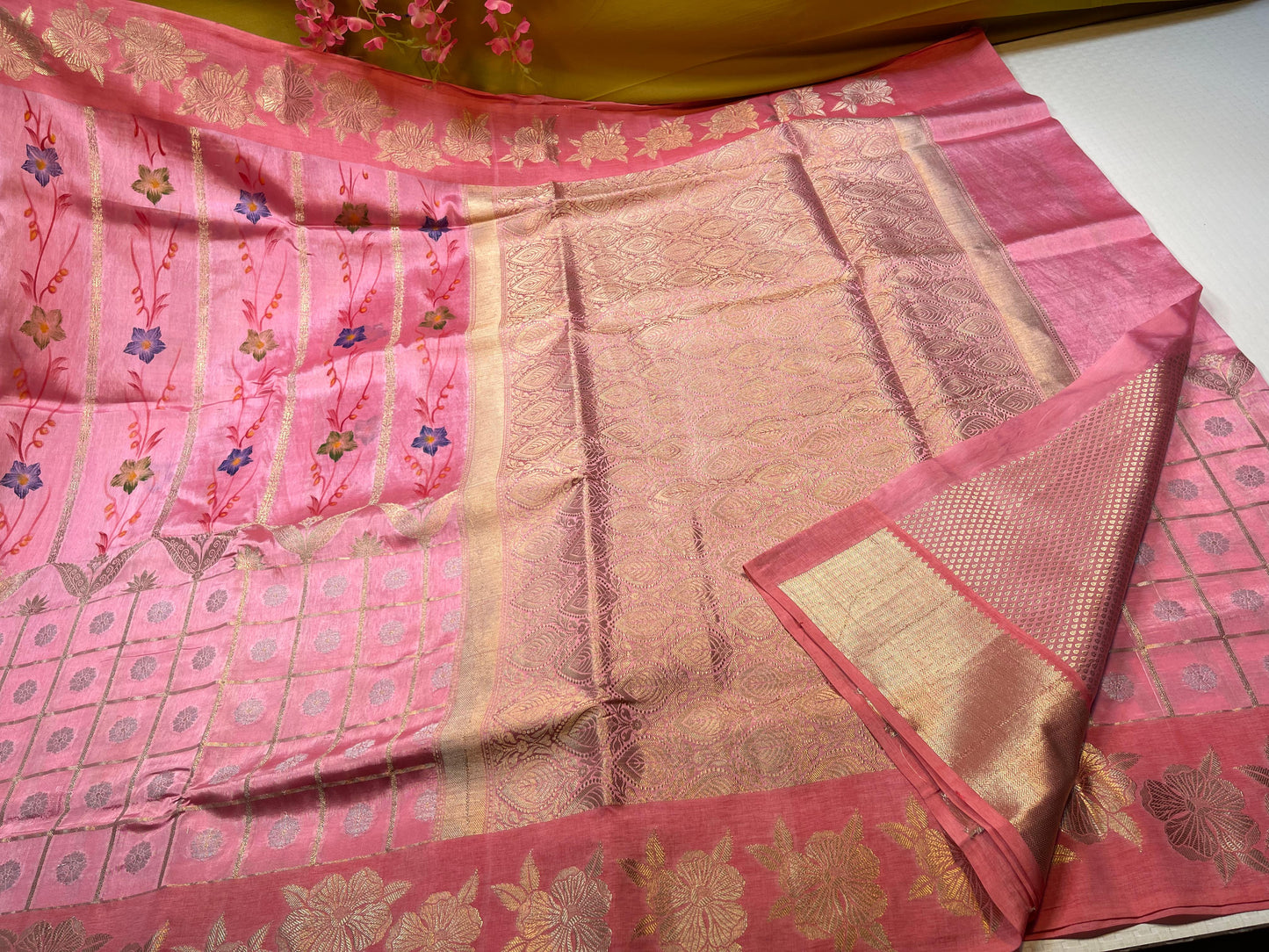 Peach Mango Silk Floral Gharchola Handpainted Zari Border Banarasi Saree MS_MGS1