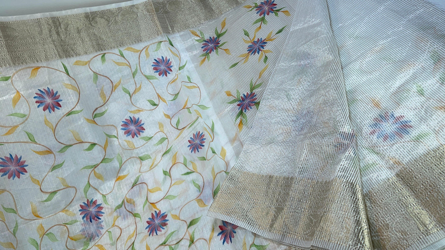 White Kota Silk Handpainted Floral Jaal Banarasi Saree with Stripe Blouse MS_KT1