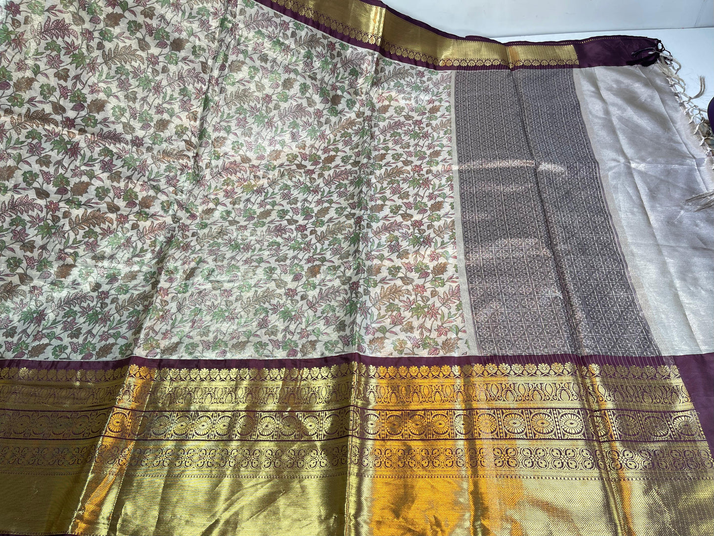 Beige Tissue Silk Digital Print Floral Jaal Contrast Wine Border Banarasi Saree MS_SK30