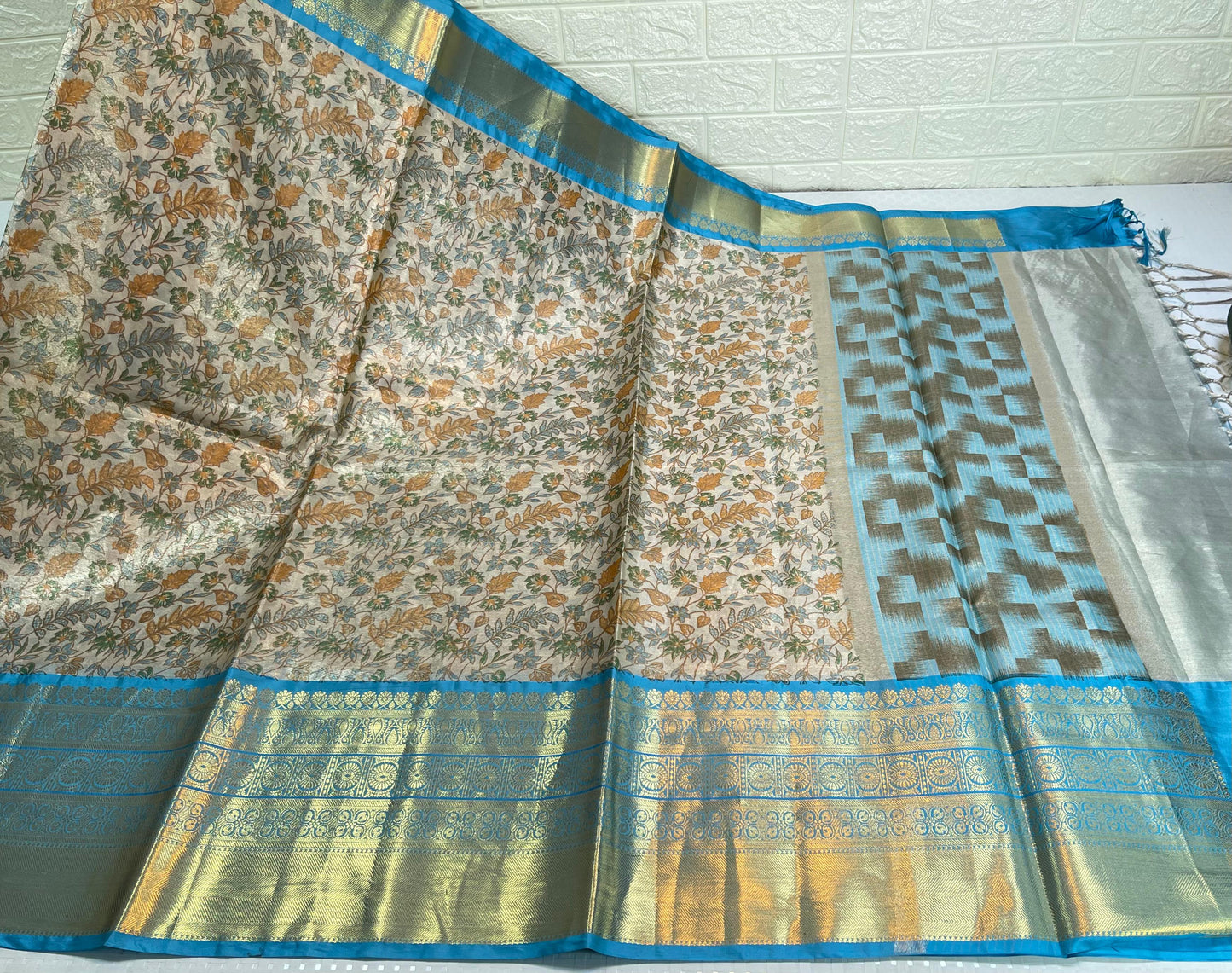 Beige Tissue Silk Digital Print Floral Jaal Contrast Blue Border Banarasi Saree MS_SK28