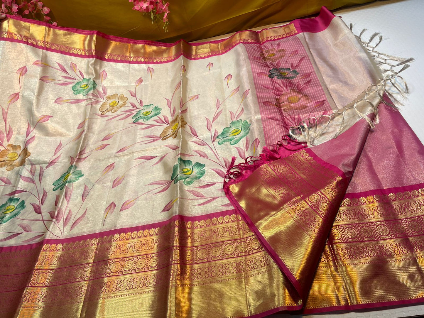 Moosee Tissue Silk Floral Handpainted Jaal Boota Contrast Magenta Border Banarasi Saree MS_MTS8