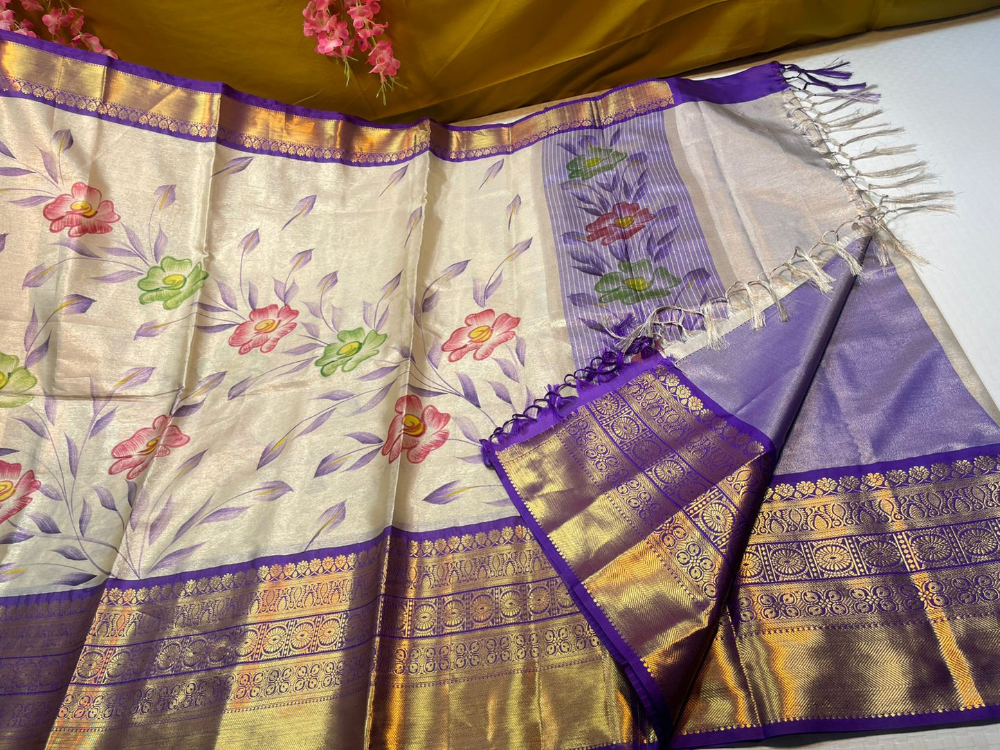 Moosee Tissue Silk Floral Handpainted Jaal Boota Contrast Purple Border Banarasi Saree MS_MTS6