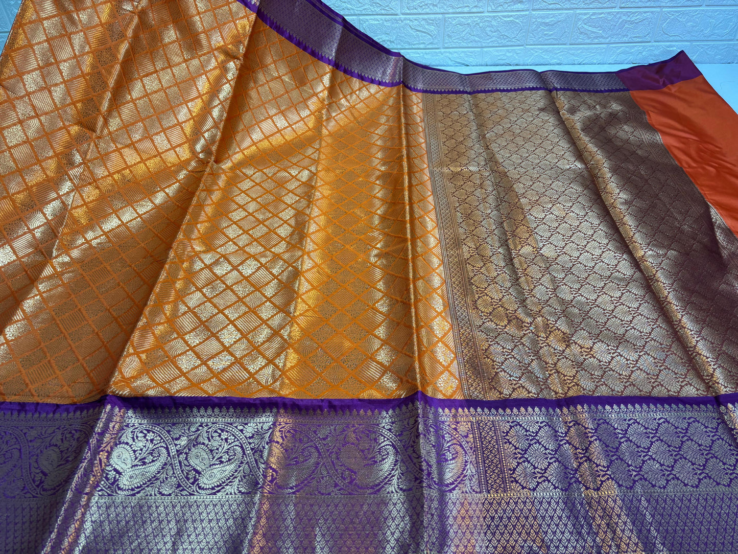 Orange Semi Kanchi Silk Barfi Cut Contrast Blue Zari Border Banarasi Saree MS_SK35