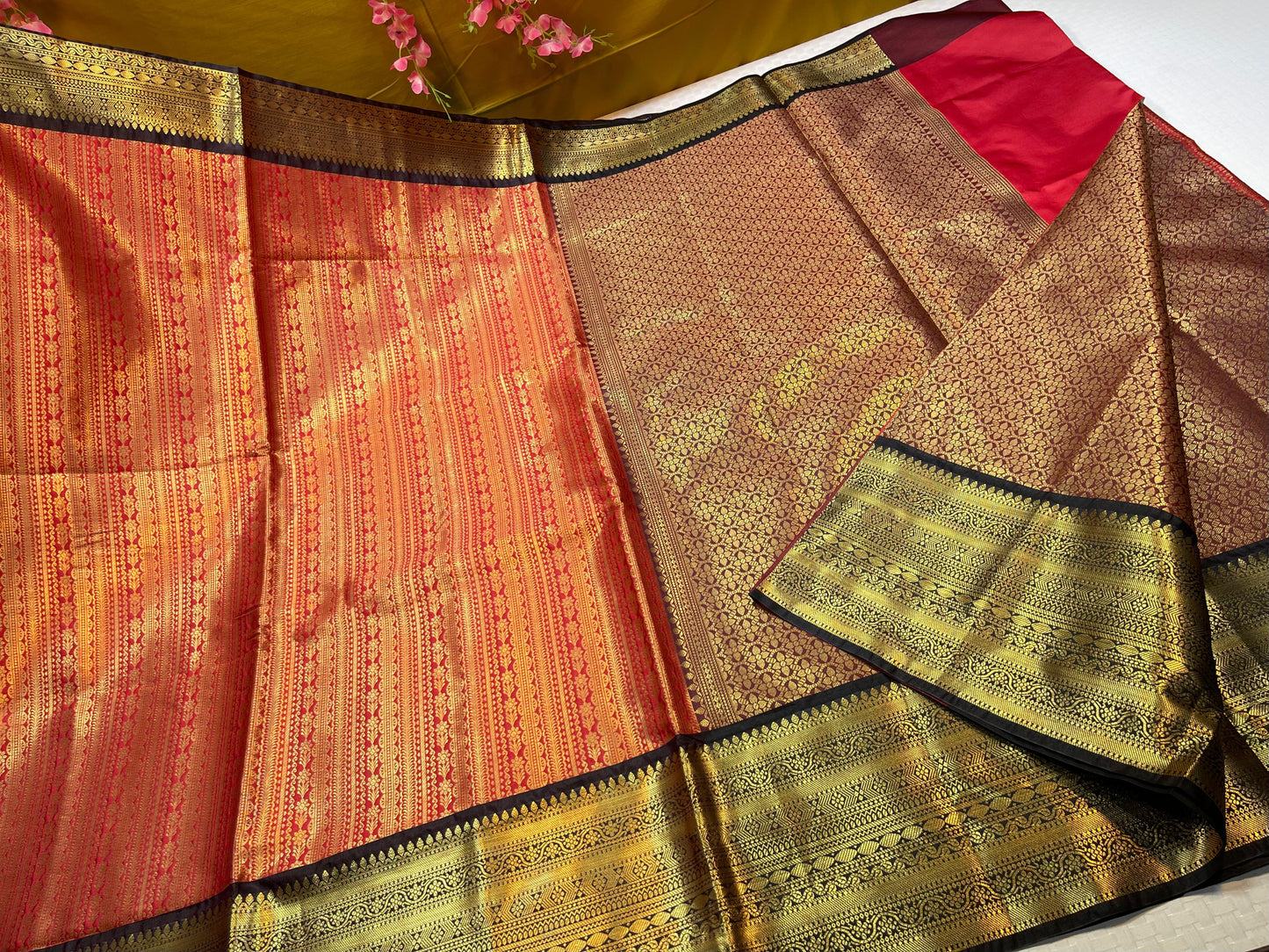 Red Semi Kanchi Silk Stripe Zari Contrast Black Border Banarasi Saree MS_SK44