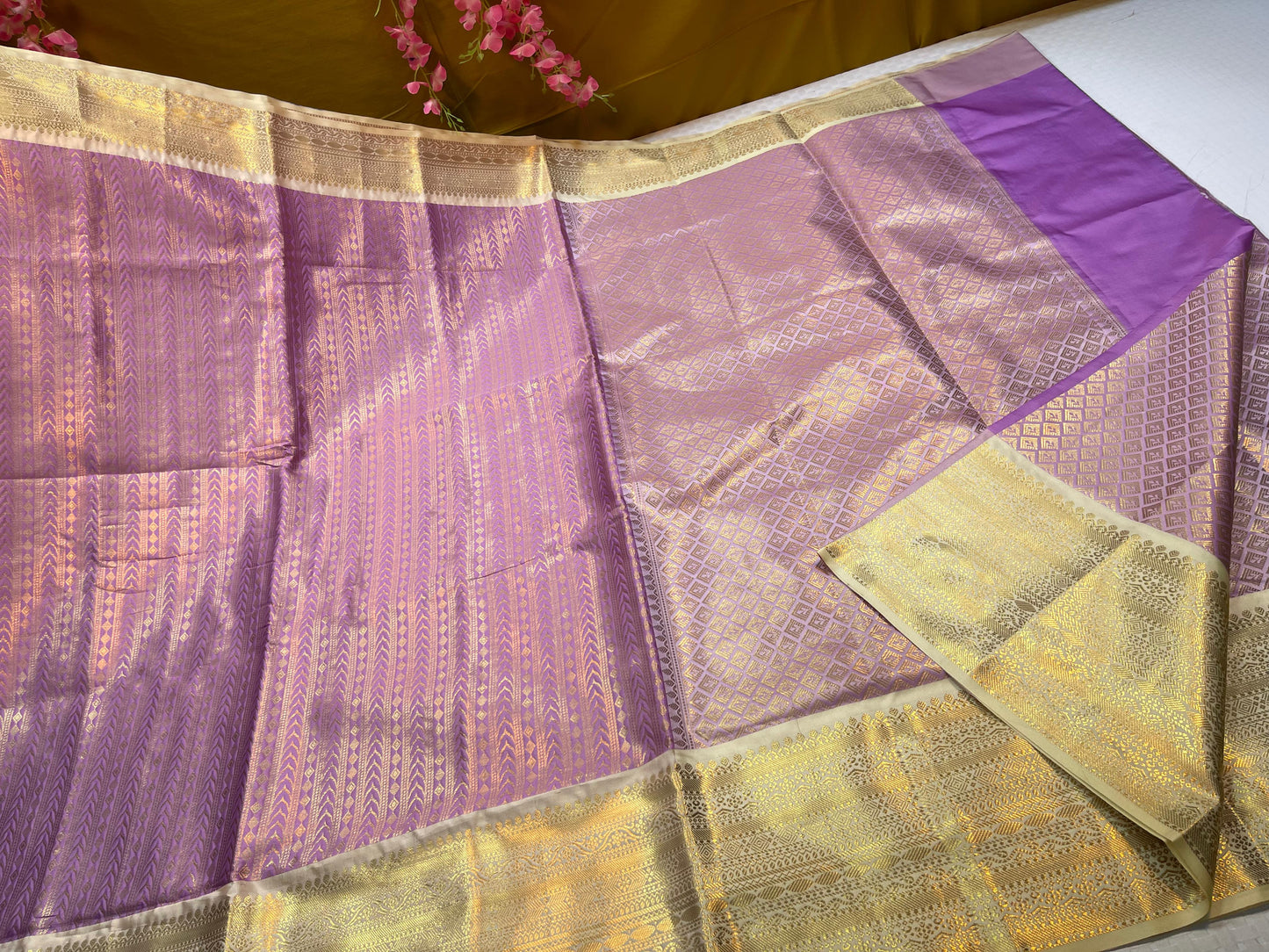 Lavender Semi Kanchi Silk Stripe Zari Contrast Tussar Border Banarasi Saree MS_SK43