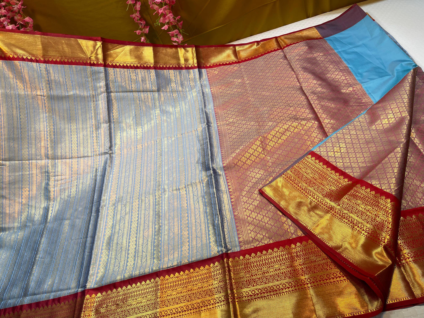 Light Blue Semi Kanchi Silk Stripe Zari Contrast Red Border Banarasi Saree MS_SK47