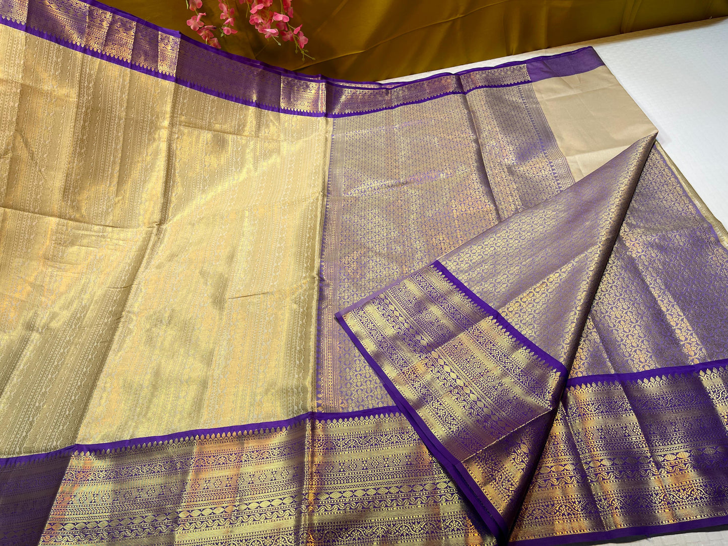 Tussar Semi Kanchi Silk Stripe Zari Contrast Blue Border Banarasi Saree MS_SK50