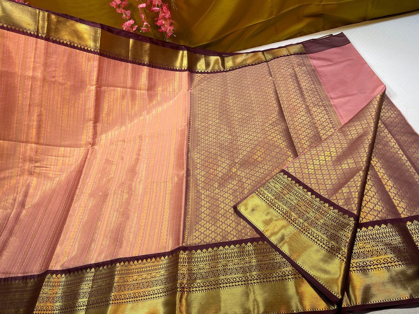 Peach Semi Kanchi Silk Stripe Zari Contrast Brown Border Banarasi Saree MS_SK51