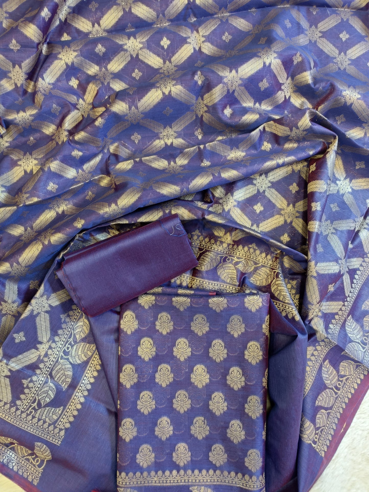 Violet Blue Cotton Blend Floral Zari Booti with Zig-Zag Zari Jaal Dupatta Banarasi Suit 65SHL_PV6