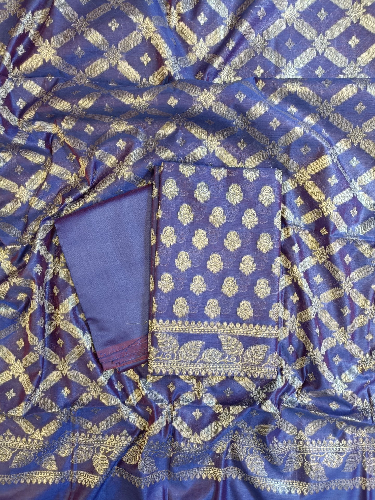 Violet Blue Cotton Blend Floral Zari Booti with Zig-Zag Zari Jaal Dupatta Banarasi Suit 65SHL_PV6