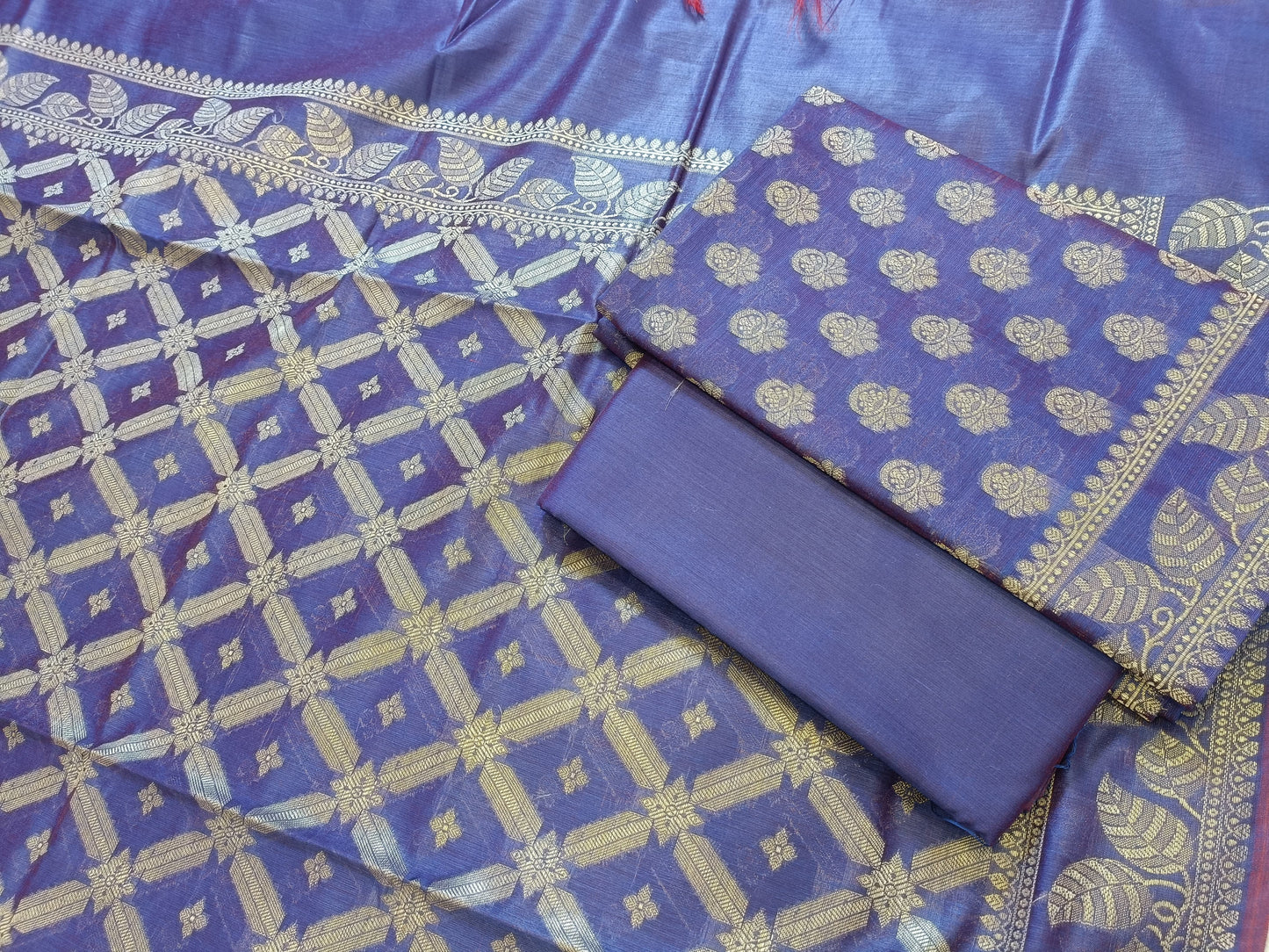 Violet Blue Cotton Blend Floral Zari Booti with Zig-Zag Zari Jaal Dupatta Banarasi Suit 65SHL_PV6