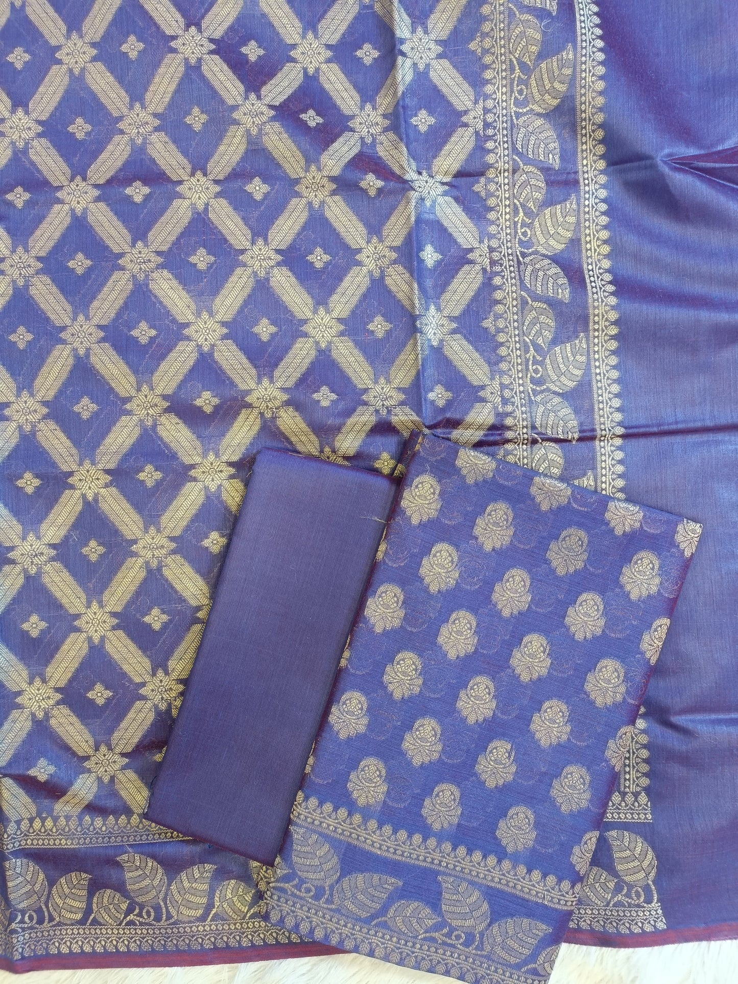 Violet Blue Cotton Blend Floral Zari Booti with Zig-Zag Zari Jaal Dupatta Banarasi Suit 65SHL_PV6