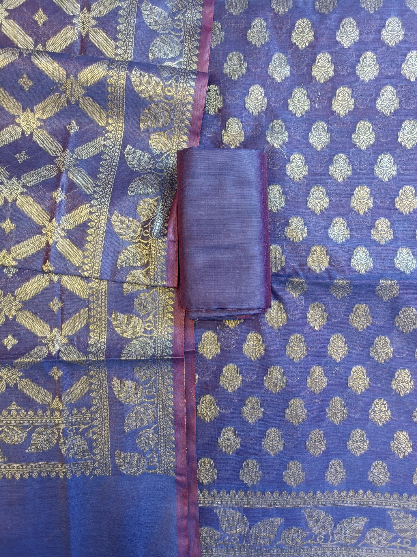 Violet Blue Cotton Blend Floral Zari Booti with Zig-Zag Zari Jaal Dupatta Banarasi Suit 65SHL_PV6