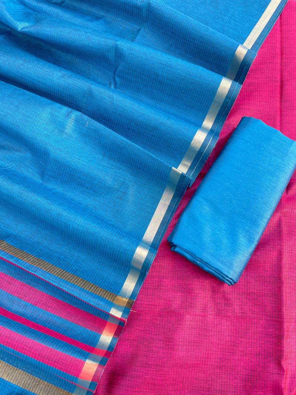 Magenta Cotton Silk Banarasi Suit with Contrast Blue Bottom & Zari Patti Dupatta 600SKL_CS25