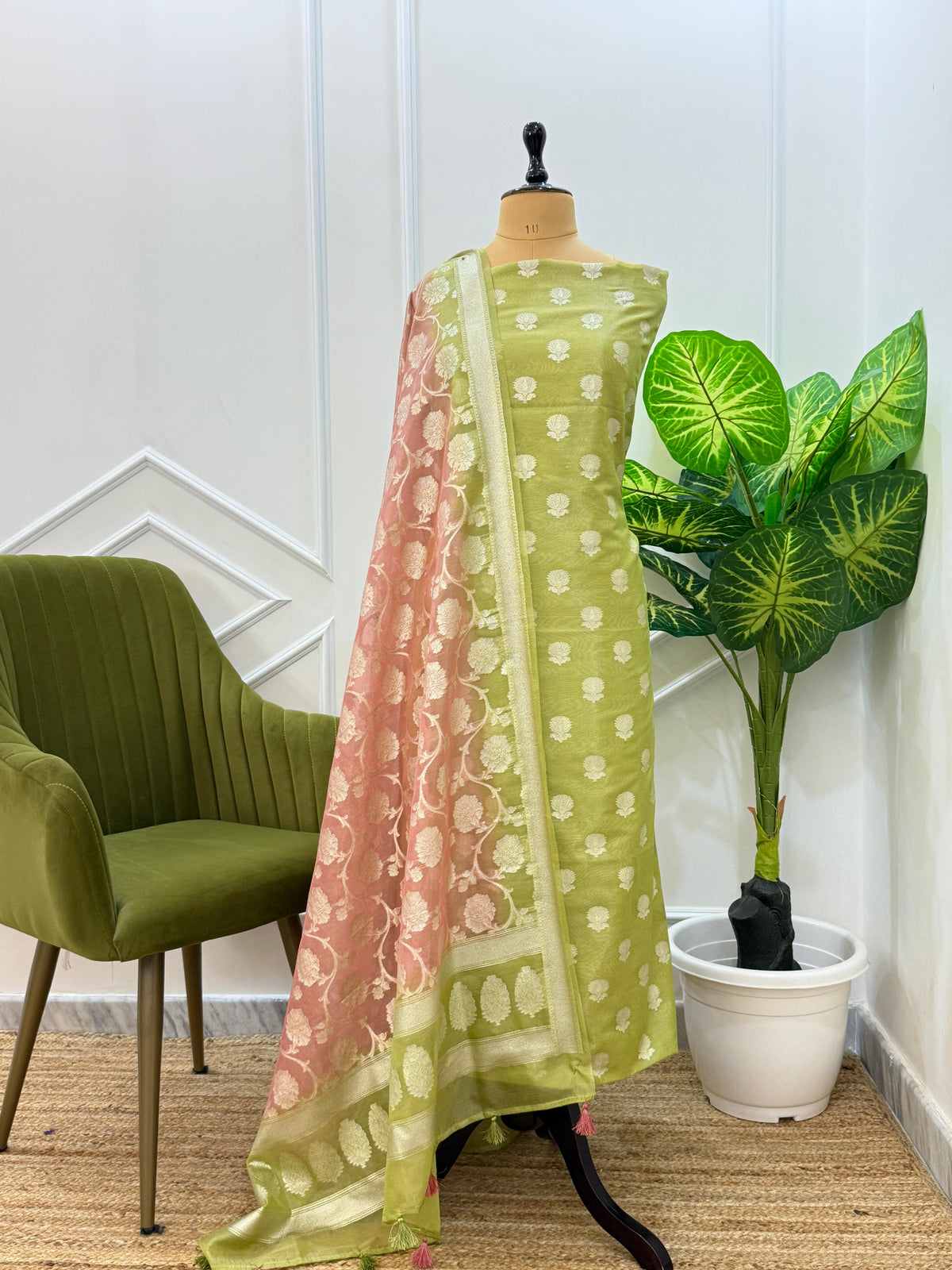Olive Green Tissue Silk Lorex Zari Booti Banarasi Suit with Contrast Peach Zari Jaal Dupatta 22PNJ_TS4