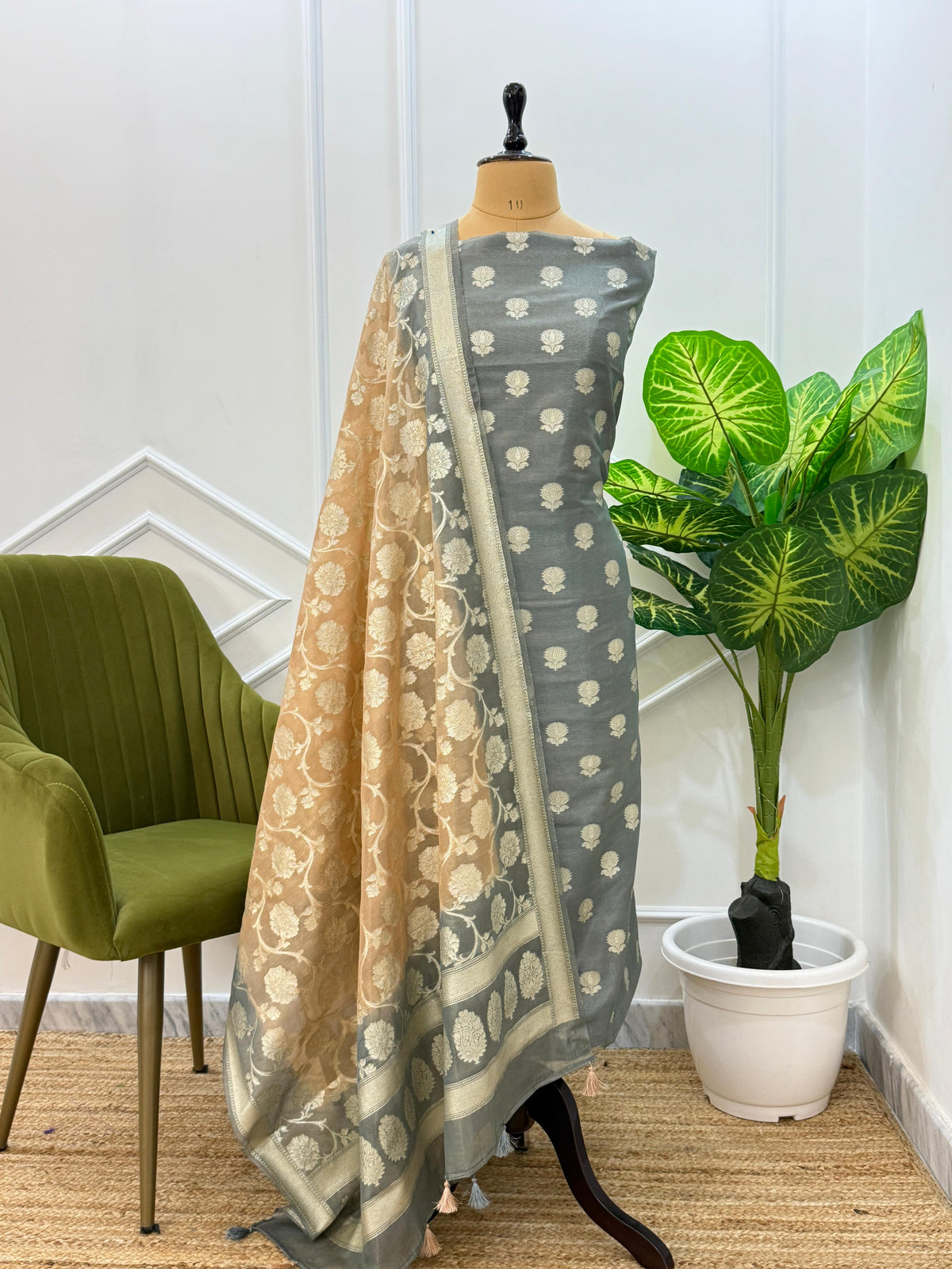 Grey Tissue Silk Lorex Zari Booti Banarasi Suit with Contrast Peach Zari Jaal Dupatta 22PNJ_TS3