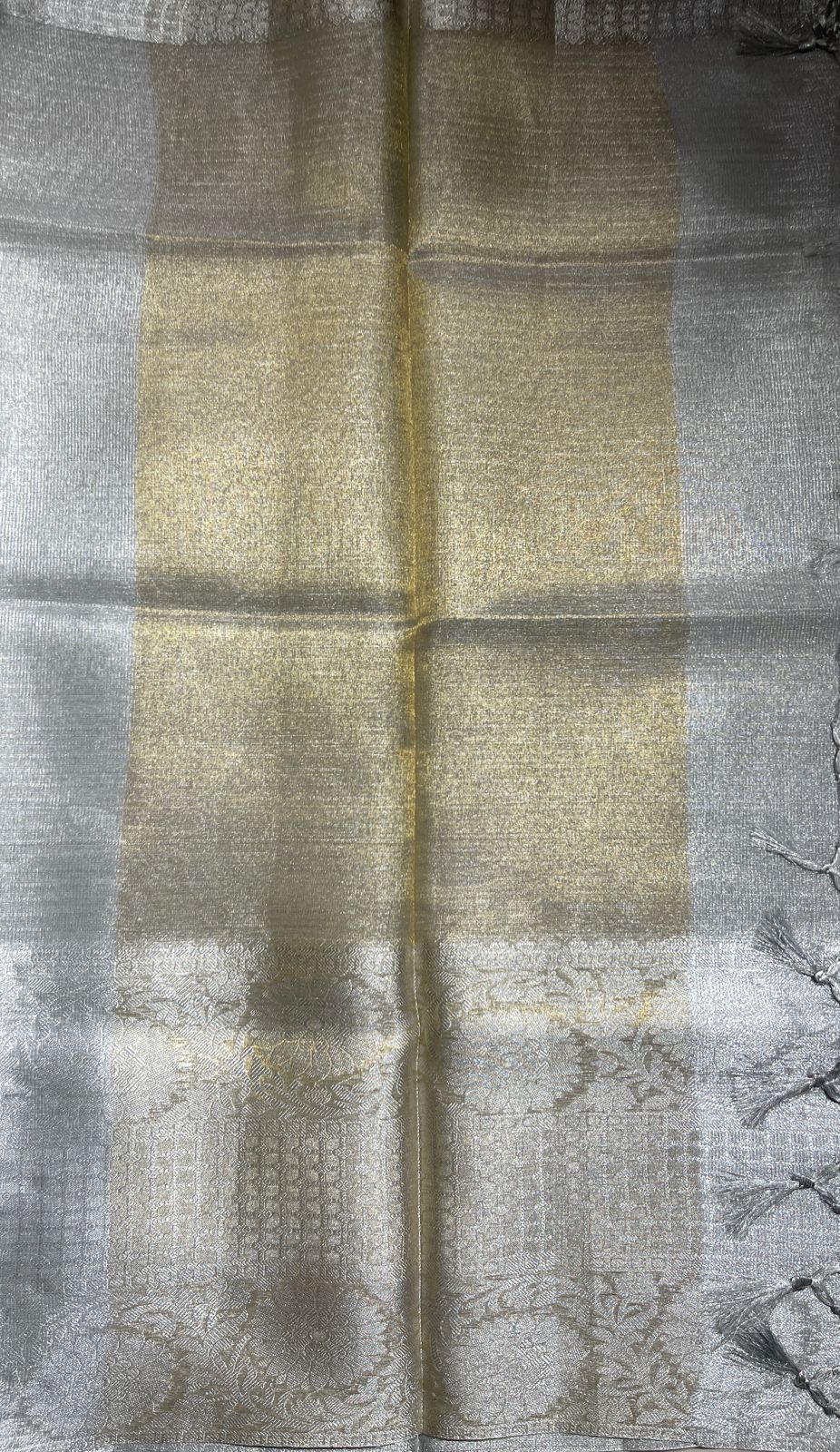 Faishana Presents Silver Supernet Banarasi Tissue Zari Stripe Skirt Floral Zari Border and Contrast Gold Pallu with Silver Blouse Banarasi Saree