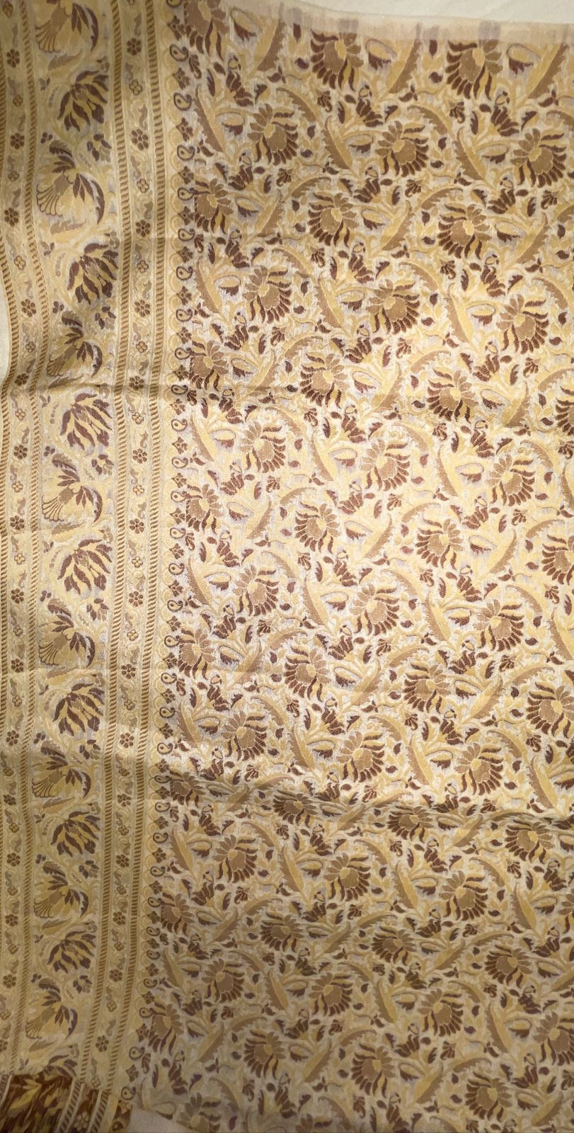 Faishana Pure Handloom Beige Chiffon Floral Digital Print Jaal with Paisley Copper Zari Anchal and Border with Beige Blouse