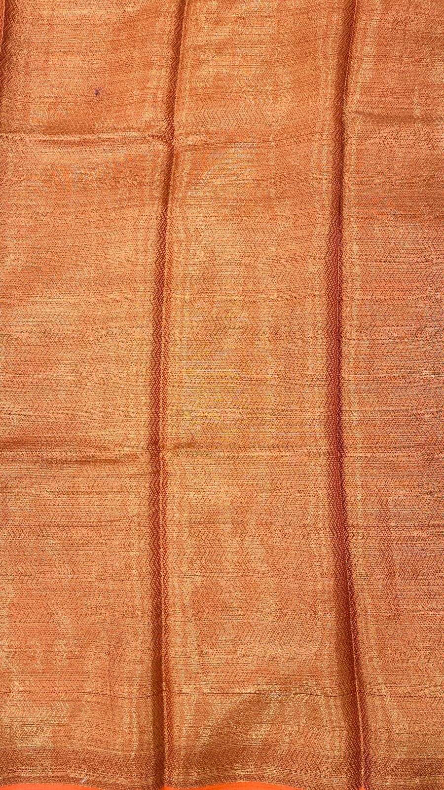 Faishana Pure Handloom Yellow Contrast Orange Dupion Silk Copper Zari Floral Booti Banarasi Mina Zari Border with Floral Banarasi Pallu and Orange Blouse