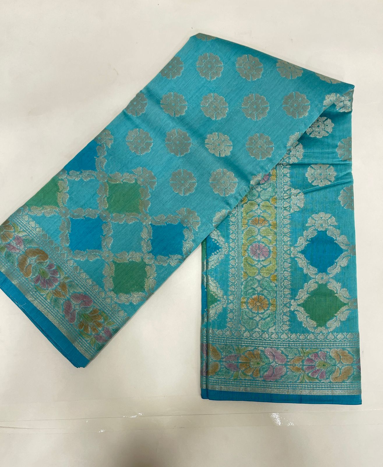 Faishana Pure Handloom Sky Blue Cotton Silk Zari Booti with Rangkaat Banarasi Zari Hand Painted Floral Pallu and Zari Border with Sky Blue Blouse