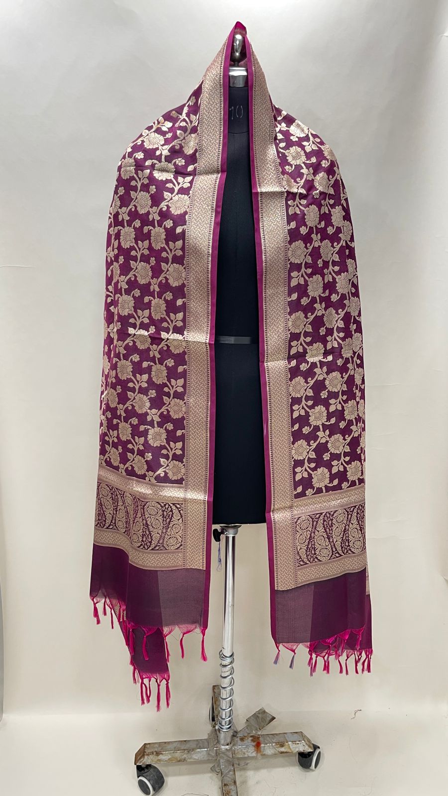 Faishana Presents Semi Katan Silk Magenta Alfi Zari Jaal Paisley Anchal Banarasi Dupatta