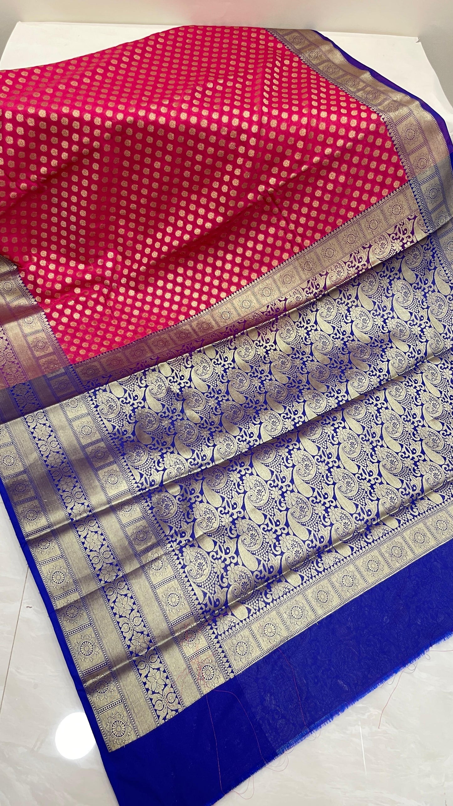 Faishana Presents Pink Katan Silk Golden Zari Chunri Booti with Contrast Blue Paisley Pallu and Skirt Zari Border with Blue Blouse