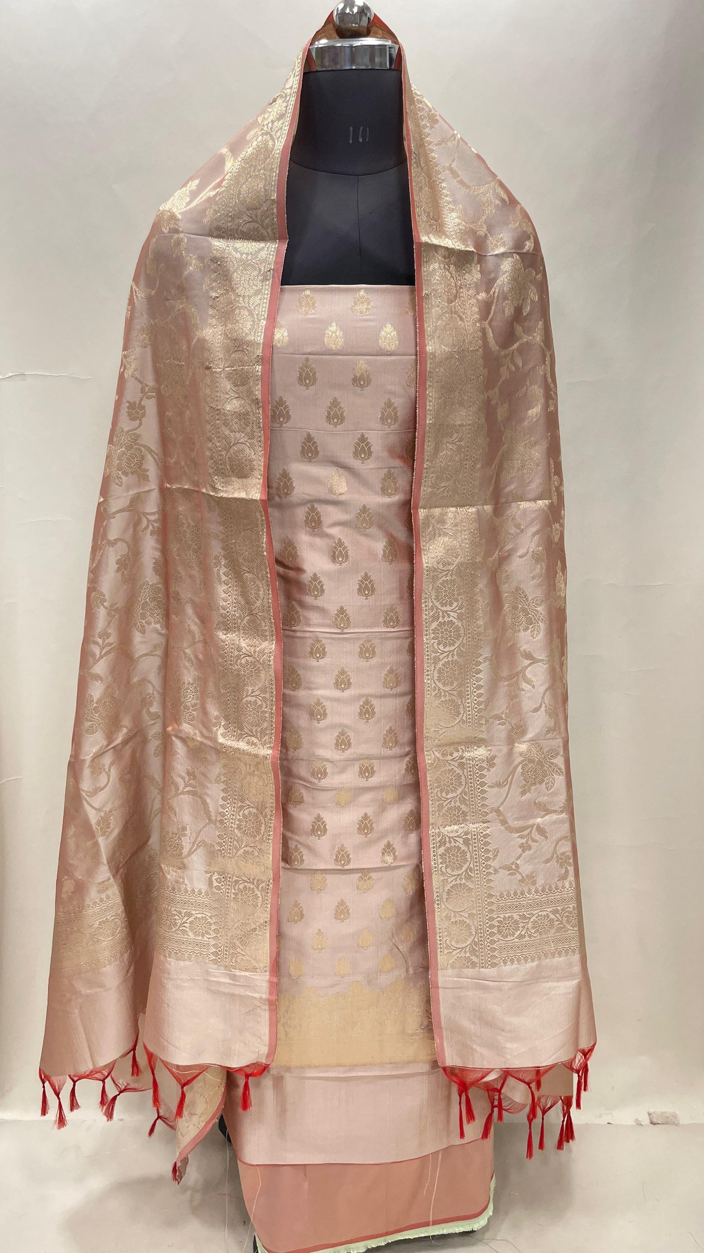 Beige Semi Katan Silk Handloom Banarasi 3 pcs Suit Set MUB_SK34