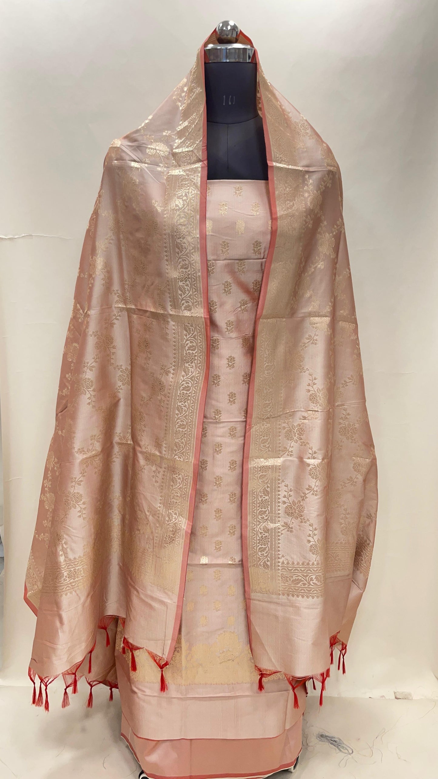 Beige Semi Katan Silk Handloom Banarasi 3 pcs Suit Set MUB_SK36
