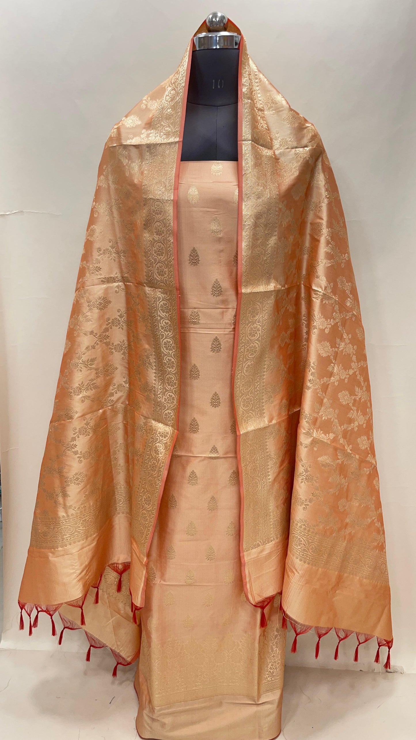 Orange Semi Katan Silk Handloom Banarasi 3 pcs Suit Set MUB_SK54