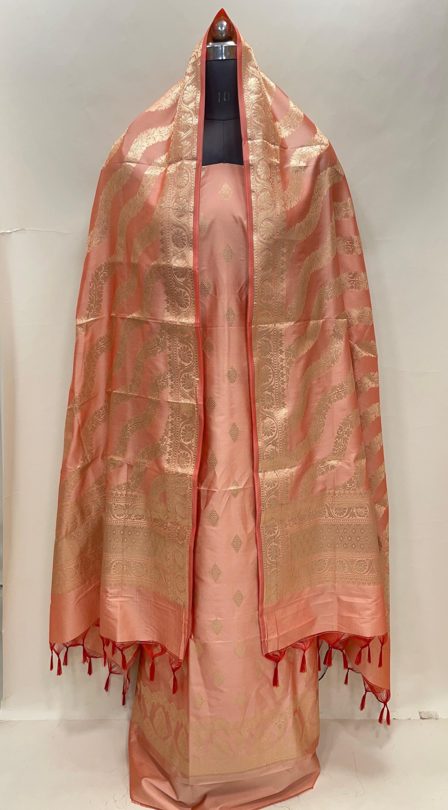 Peach Semi Katan Silk Handloom Banarasi 3 pcs Suit Set MUB_SK61