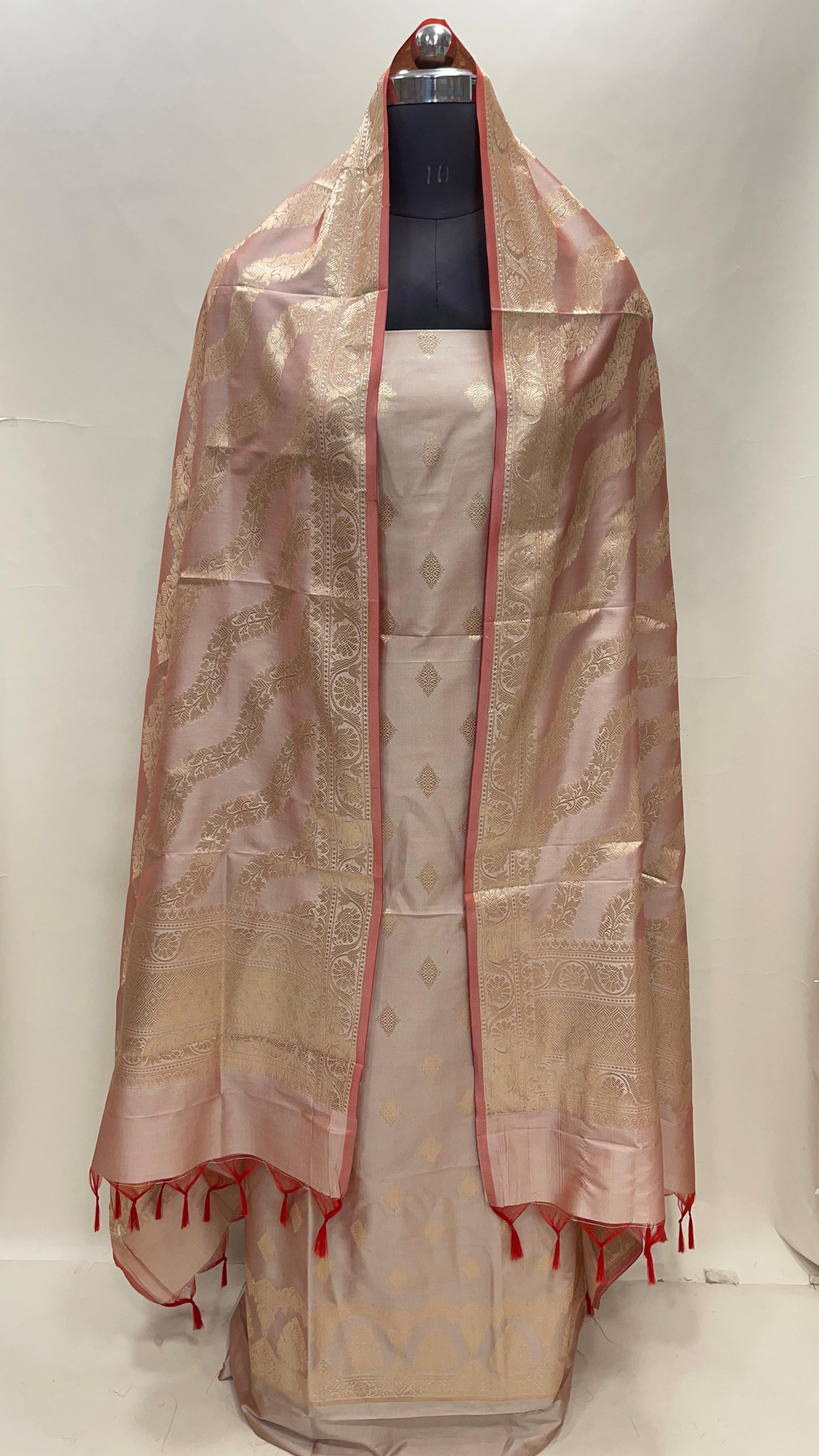 Beige Semi Katan Silk Handloom Banarasi 3 pcs Suit Set MUB_SK60