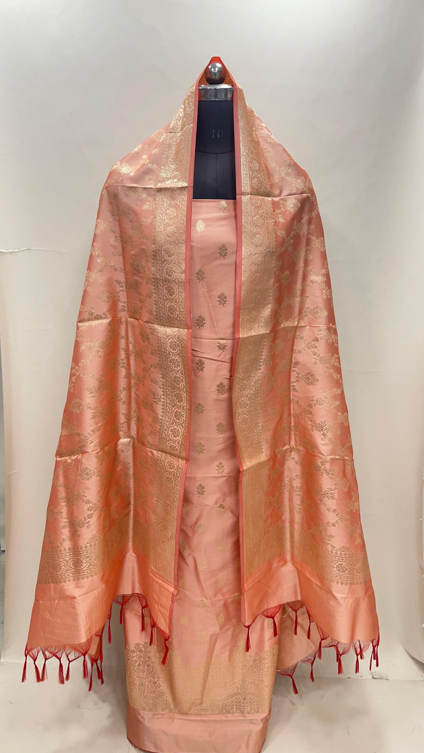Peach Semi Katan Silk Handloom Banarasi 3 pcs Suit Set MUB_SK66